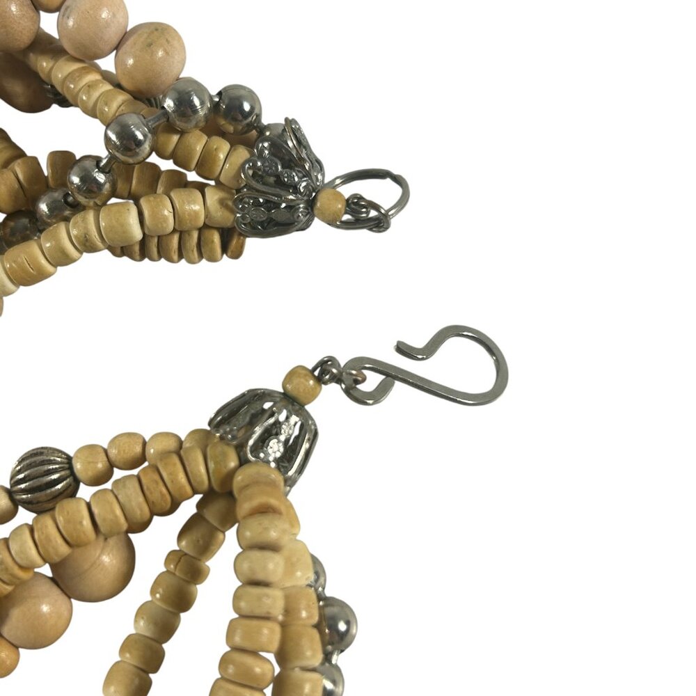 Multi Strand Beaded Necklace Wood Metal Brown Silver Tone Tribal Boho Earth Tone - Picture 6 of 9